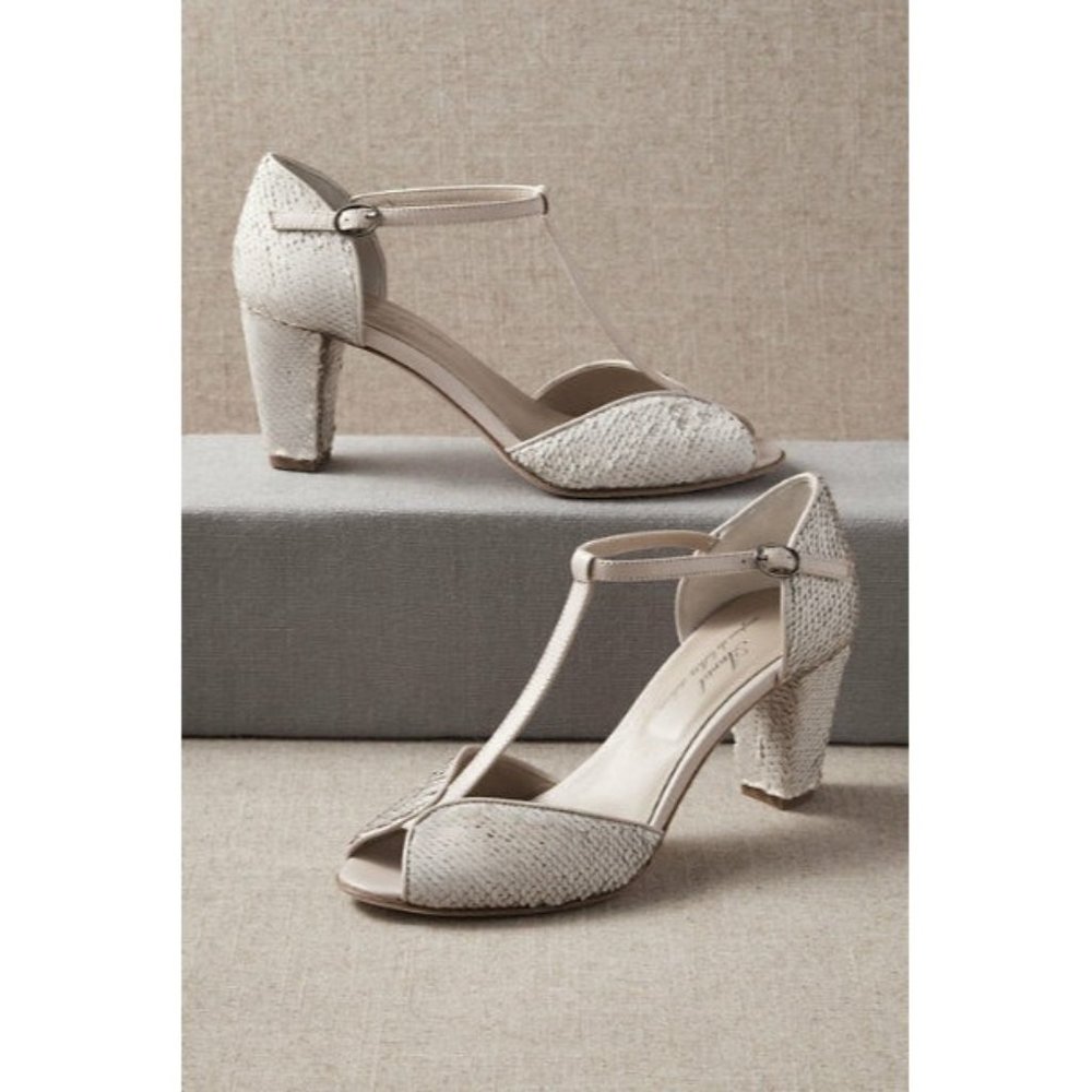 BHLDN Anniel Belluna Nude Sequin T Strap Heels Size 37